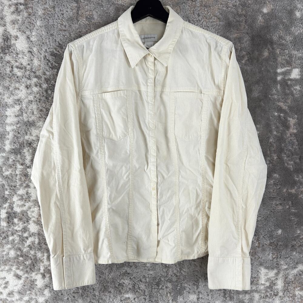 Liz Caliborne Size L Casual Snap Button Top Ivory Long Sleeve‎ Collar Cotton